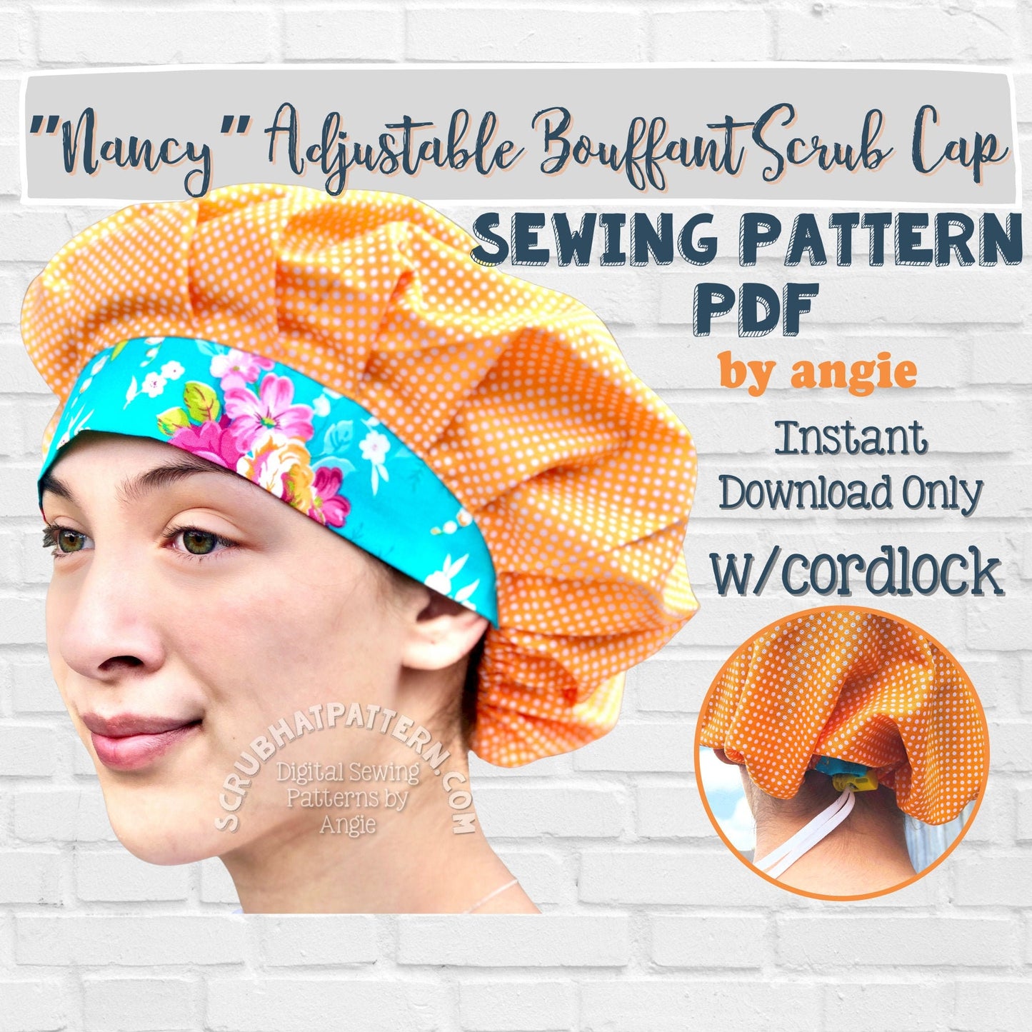 Nancy Bouffant Scrub Cap Sewing Pattern Printable PDF Tutorial For Fully Adjustable Scrub Hat with Cord Lock