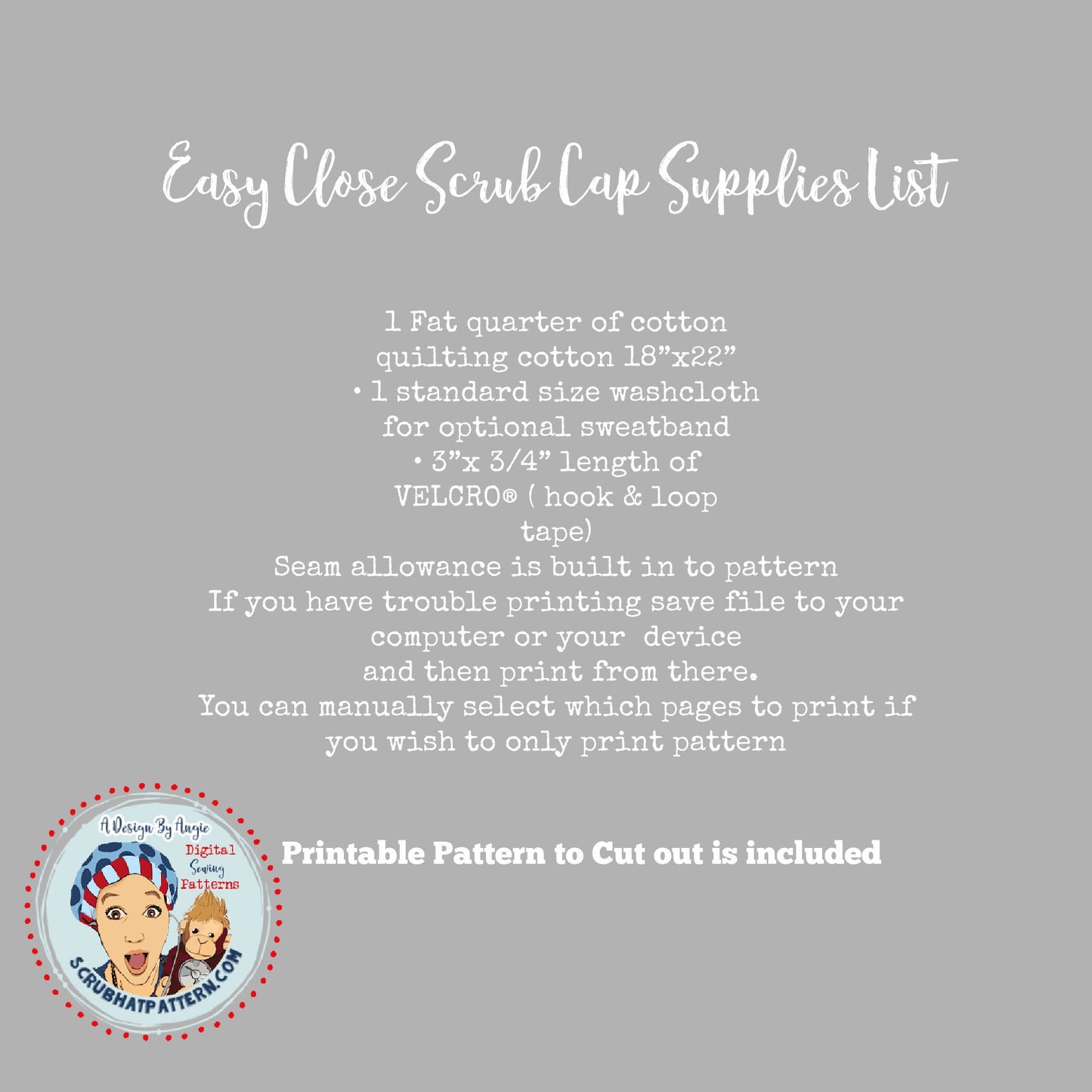 Scrub Cap Sewing Pattern Surgical Hat chef hat pdf Instructions Easy Beginner Project uses fat quarter