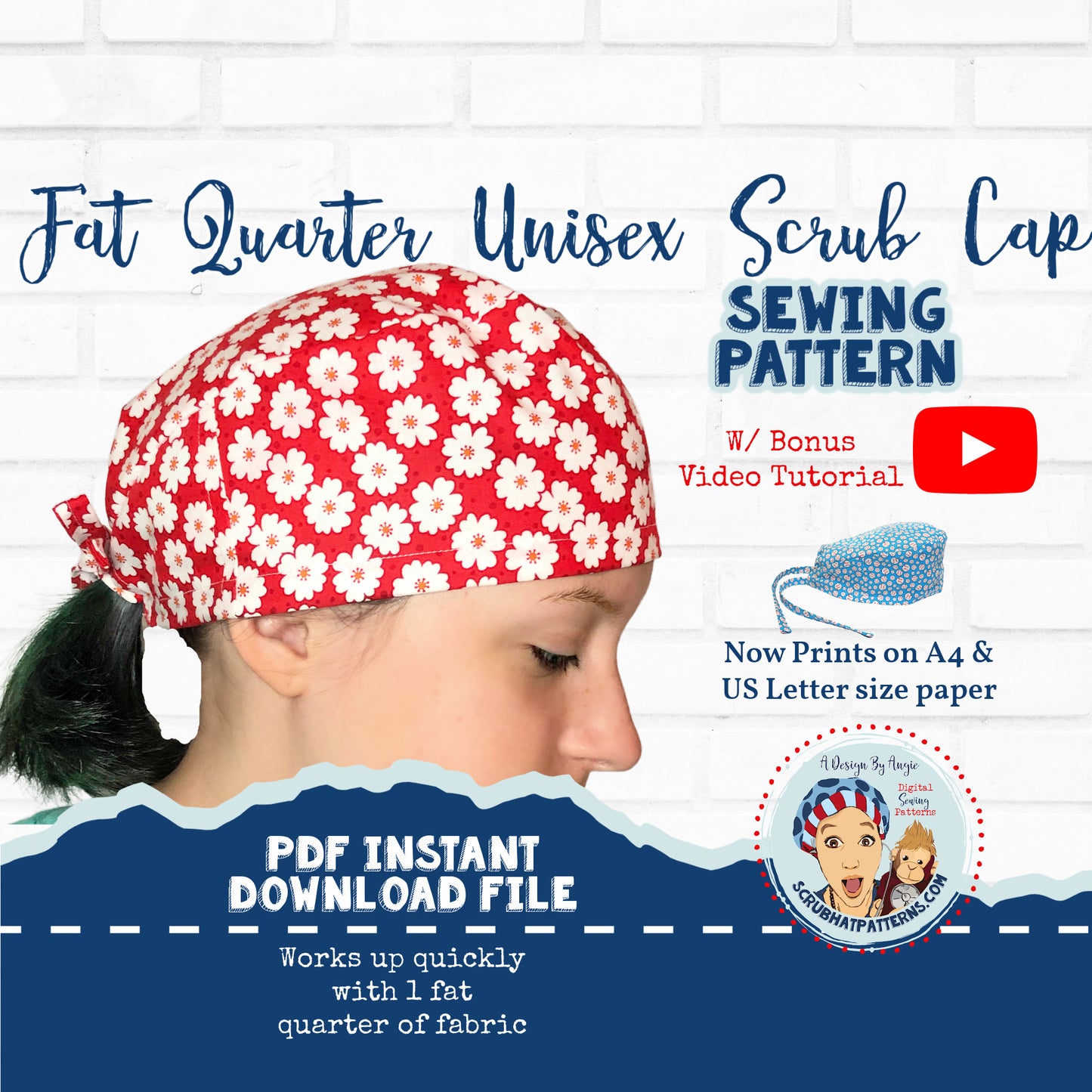 Scrub Cap Sewing Pattern Fat Quarter Surgical Scrub Hat Sewing Pattern PDF Download for Men's Unisex Tieback Scrub Cap w/ Video