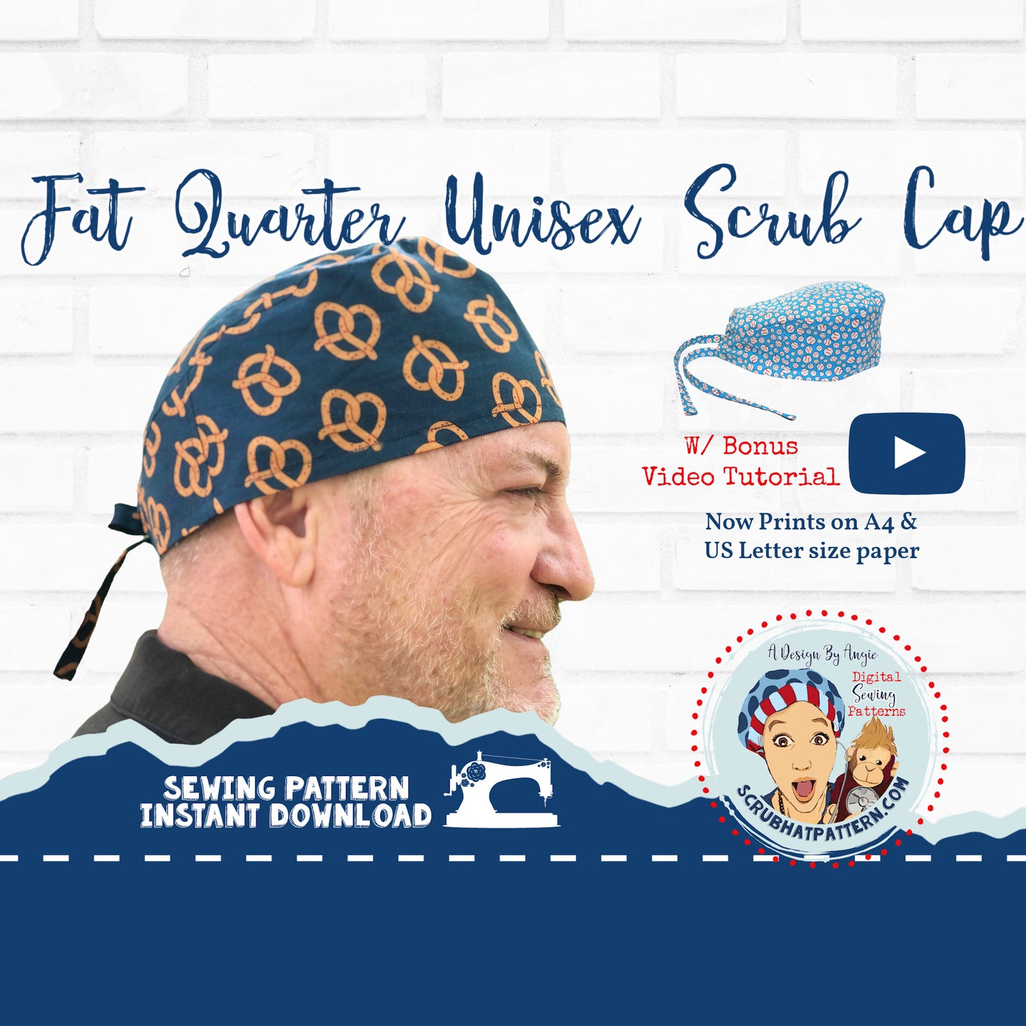 Scrub Cap Sewing Pattern Fat Quarter Surgical Scrub Hat Sewing Pattern PDF Download for Men's Unisex Tieback Scrub Cap w/ Video