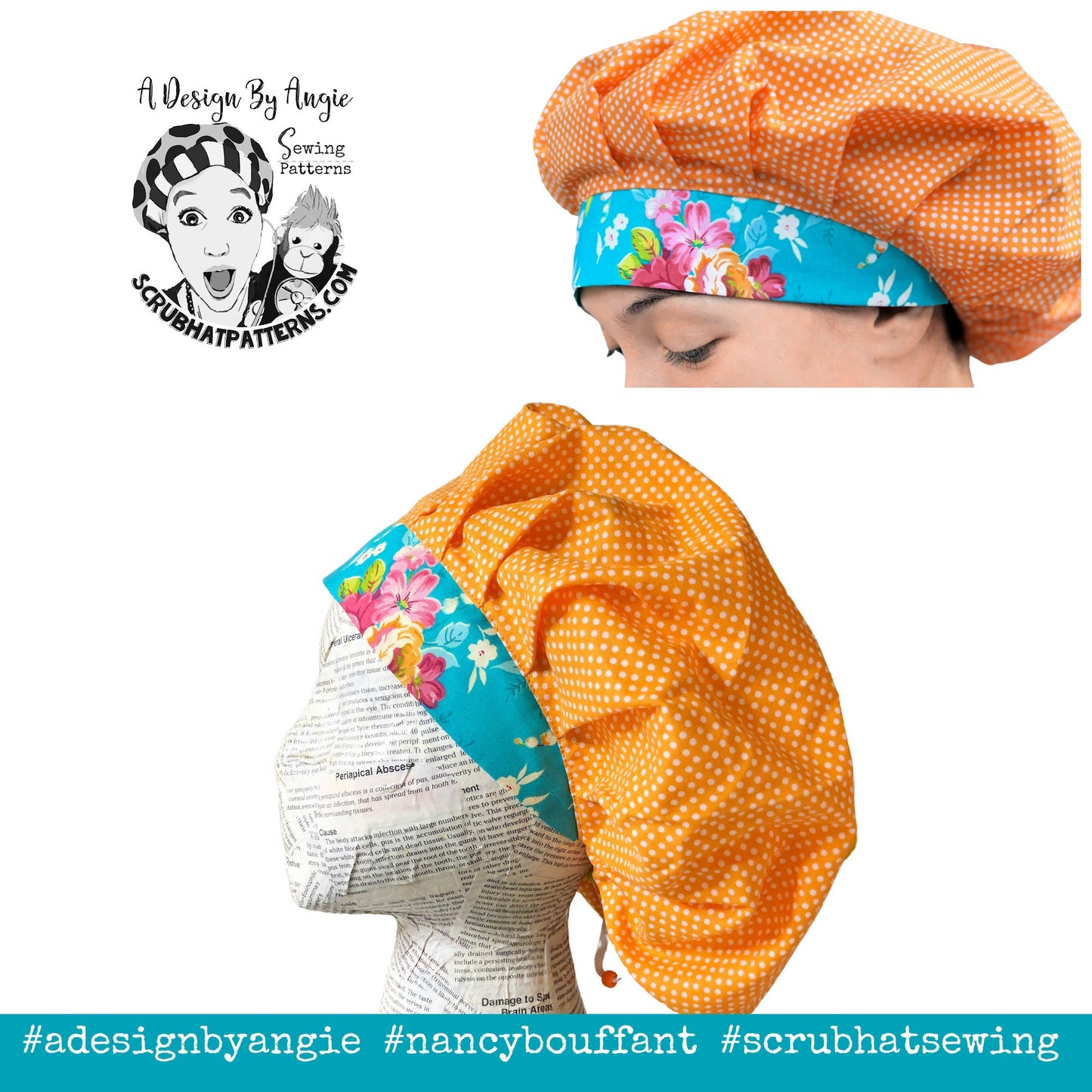 Nancy Bouffant Scrub Cap Sewing Pattern Printable PDF Tutorial For Fully Adjustable Scrub Hat with Cord Lock