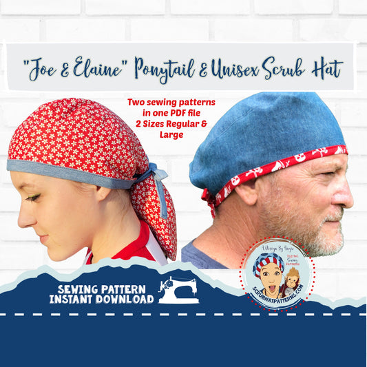 Scrub Cap Unisex Tieback Scrub Hat and Ponytail Pouch 2 Pack PDF SEWING PATTERN Men's and Womens surgical Hats