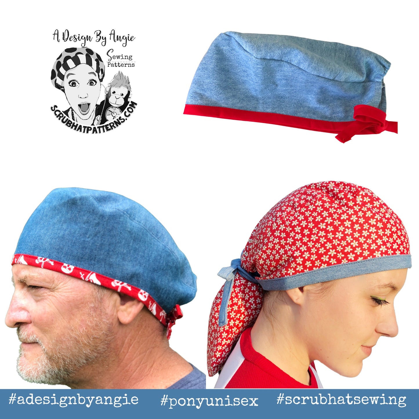 Scrub Cap Unisex Tieback Scrub Hat and Ponytail Pouch 2 Pack PDF SEWING PATTERN Men's and Womens surgical Hats