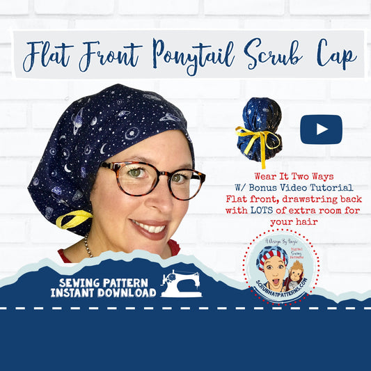 Ponytail Scrub Cap Pattern Sewing Tutorial For Flat Front Ponytail Scrub Hat w/Video pdf download Large hat for long hair